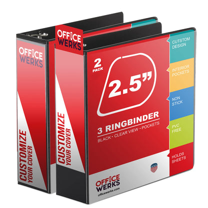 Performore Premium 3 Ring Binder, Professional Angle D Ring 2.5 Inch, Presentation Folder for Standard Pages 8.5 x 11 with Pockets, Crystal Clear View Black (2 Pack)