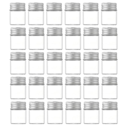 ROHIJALE 30 Pack 15ml/0.5Oz Clear Glass Jars with Aluminum Screw Lids Small Refillable Bottles Leakproof Empty Mini Containers for Samples, Spices, Beads, Cosmetics, DIY Crafts (4cm x 3cm)