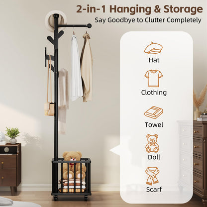 Cactus Freestanding Wooden Coat Rack with Storage Basket,Black Coat Rack with Hooks and Wheels, Space-Saving Entryway Organizer for Hanging Clothes, Bags and Storing Towels, Toys, Bedroom, Living Room