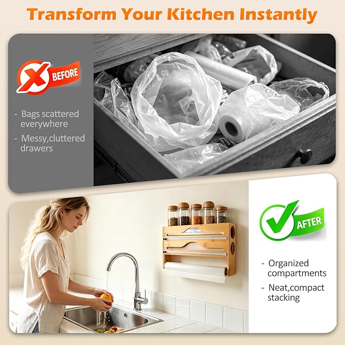 Plastic Wrap Dispenser with Cutter, 3 in 1 Tin Foil Wrap Dispenser Wall-Mounted Organizer for Baking Paper, Wax Paper Holder Kitchen Storage Box (Wood)