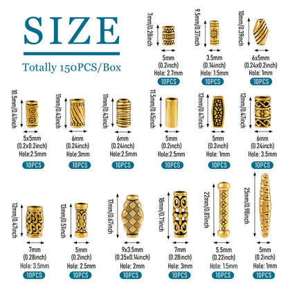 Craftdady 150Pcs Antique Gold Tube Bar Spacer Beads Tibetan Metal Column Barrel Drum Beads for Jewelry Crafts Making Hole:1-3.5mm