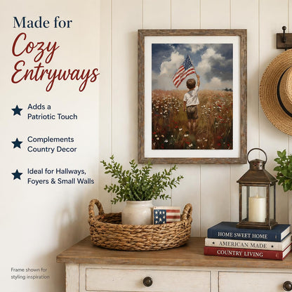 America the Beautiful Painting-11x14 Unframed Poster- Boy Holding American Flag in Meadow of Wildflowers, 4th of July Living Room or Kids Room Decor, USA Freedom Landscape, Youthful Patriotism Artwork