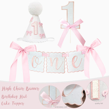 Pink Bow 1st Birthday Decorations, First Birthday Party Supplies for Girl, Pink White Balloon Arch Balloon Box Girls Just Wanna Be One Backdrop High Chair Banner