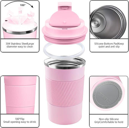 YINBAOGE Insulated Travel Coffee Mug, Spill & Leak Proof, Portable To Go Camping Stainless Steel Coffee Tumbler, Reusable Thermal Coffee Cup with Lid for Hot & Cold Drinks (Pink, 12 OZ)
