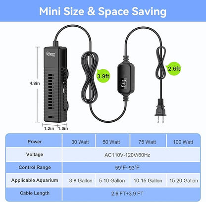 hygger Nano Aquarium Submersible Heater for 15-20 Gallon Fish Tank Betta Heater with Digital Display, Adjustable Temperature Controller 100Watt