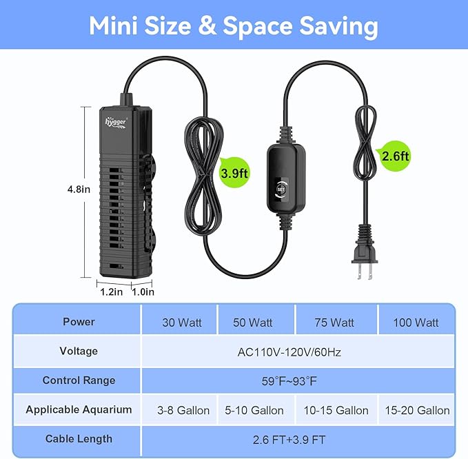 hygger Nano Submersible Aquarium Heater for 10-15 Gallon Fish Tank Betta Heater with Digital Display, Adjustable Temperature Controller 75Watt
