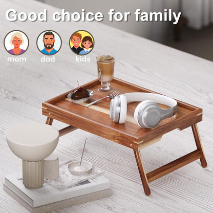Fibogollo 2 Pack Acacia Wood Bed Tray Table with Folding Legs,Breakfast Trays,Serving Tray for Food and Snack,Laptop Trays for Working(Natural)