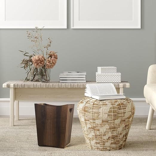 SEHERTIWY Wood Trash Can, Farmhouse Wastebasket Bin for Bathroom, Office, Bedroom, Living Room, Small Square Rustic Garbage Container (Wood-Brown)