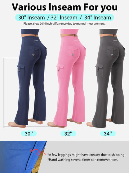 YEOREO CoreFlex Women Workout Flare Leggings with Pockets Hidden Scrunch Cargo Gym Yoga No Front Seam Leggings Pink XL