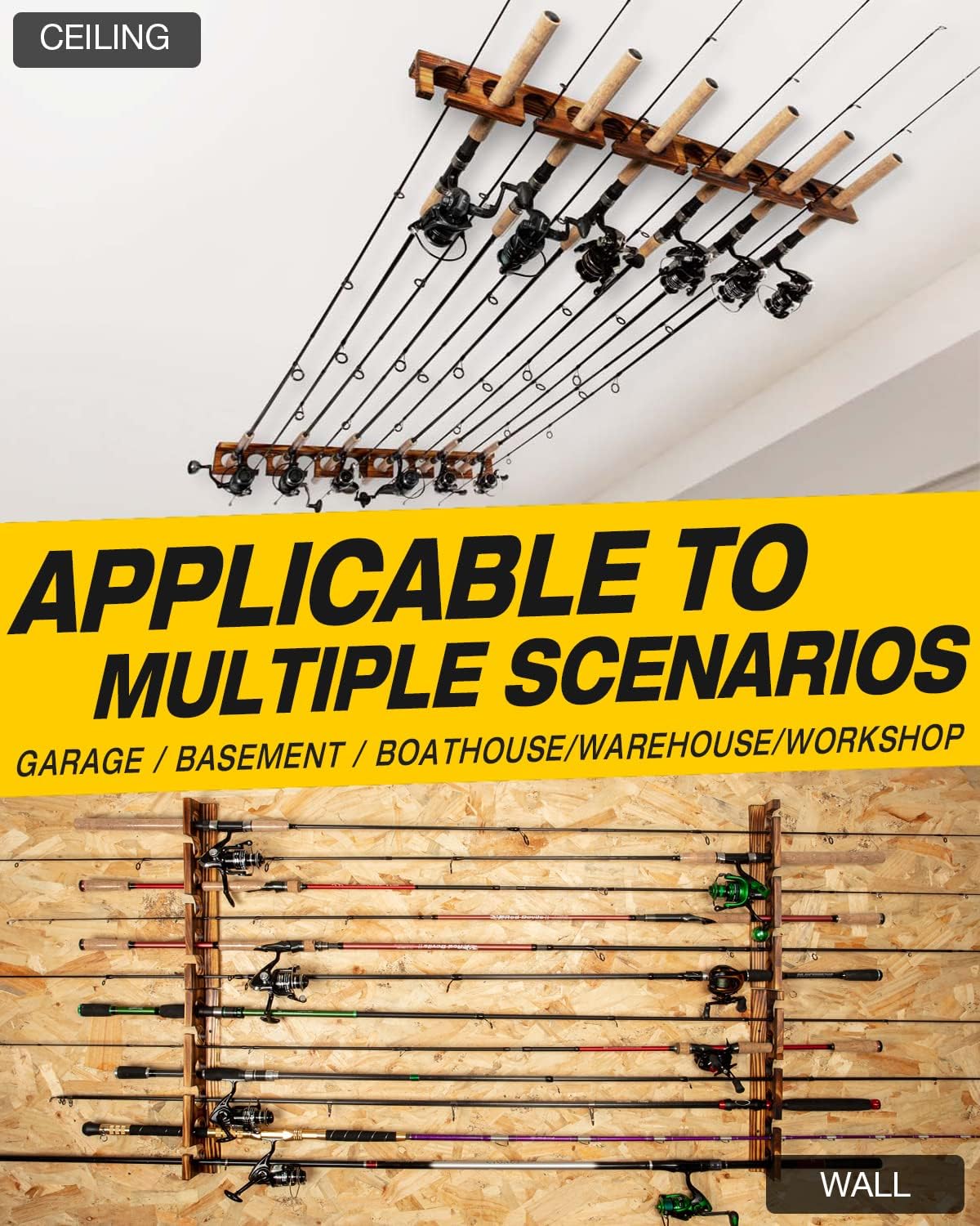 Ghosthorn Holds Up to 12 Rods Fishing Pole Rod Racks Wall or Ceiling Mounted Fishing Pole Rod Holders for Garage Storage Organizer Fishing Gear Equipment for Men Women