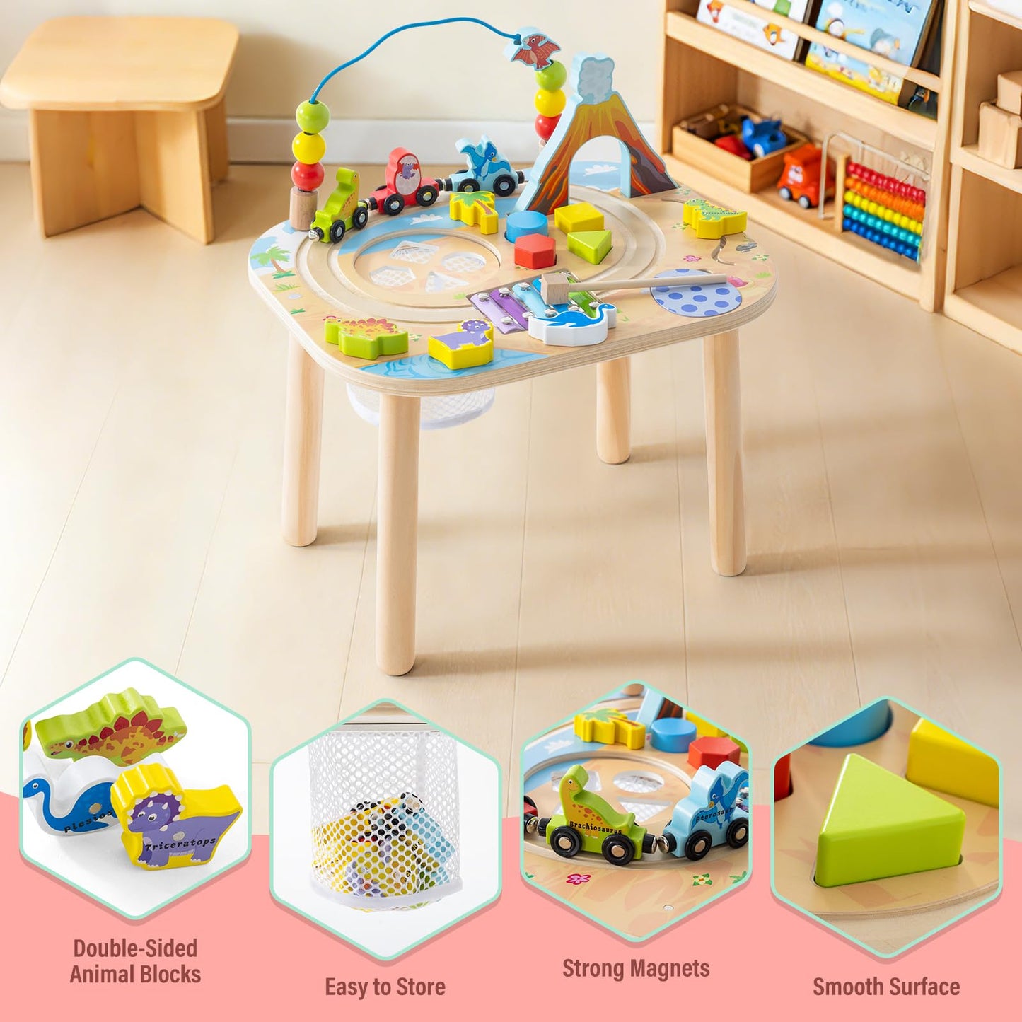 Gewitt Montessori Activity Table for 1 Year Old, 9-in-1 Wooden Activity Table with Adjustable Height, Train, Shape Sorter, Xylophone, Baby Sensory Educational Learning Toys, Birthday Gift (Dinosaur)