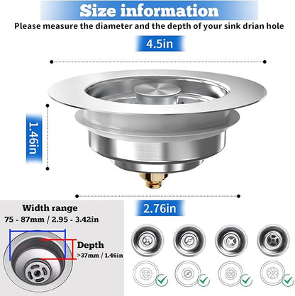 Upgraded 3 in 1 Kitchen Sink Drain Strainer Stopper, Brushed Stainless Steel
