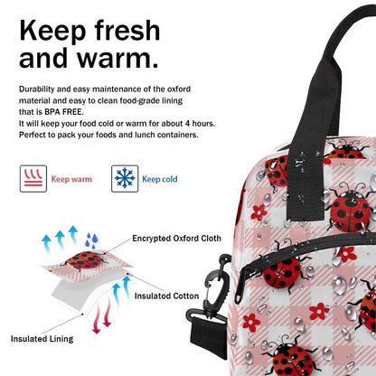 Eizlang Coccinella Septempunctata Insulated Lunch Bag for Women Men Reusable Cooler Lunch Box Freezable Tote Lunch Bag Organizer with Adjustable Shoulder Strap for Work
