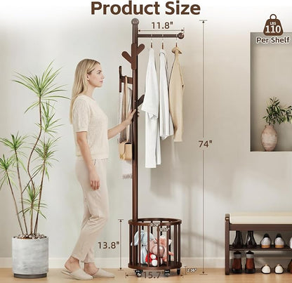 Uniclinens Freestanding Wooden Coat Rack with Umbrella Holder，Walnut Coat Rack with Hooks, Space-Saving Entryway Organizer for Hanging Clothes and Storing Towels, Bedroom, Living Room