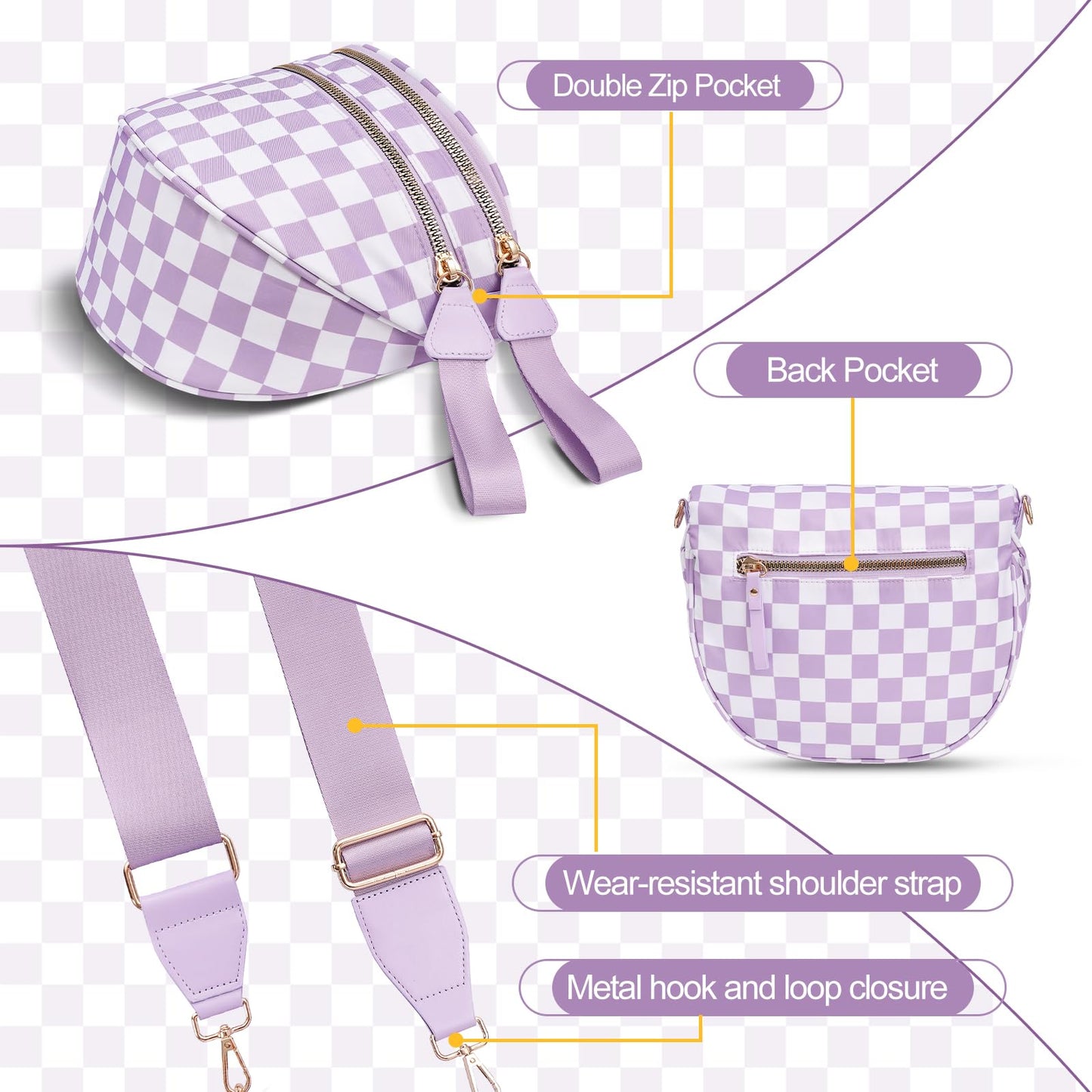Checkered Crossbody Bag,Nylon Bum Bags for Women Crossbody,Spacious Sling Bag Purse Fanny Packs with Shoulder Strap