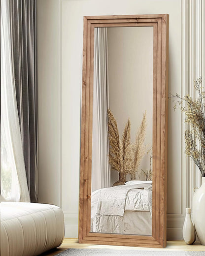 ABSWHLM Full Length Mirror 65"x24" Solid Wood Frame Floor Large Mirror for Living Room, Bedroom Hanging or Leaning Wall-Mounted, Light Brown