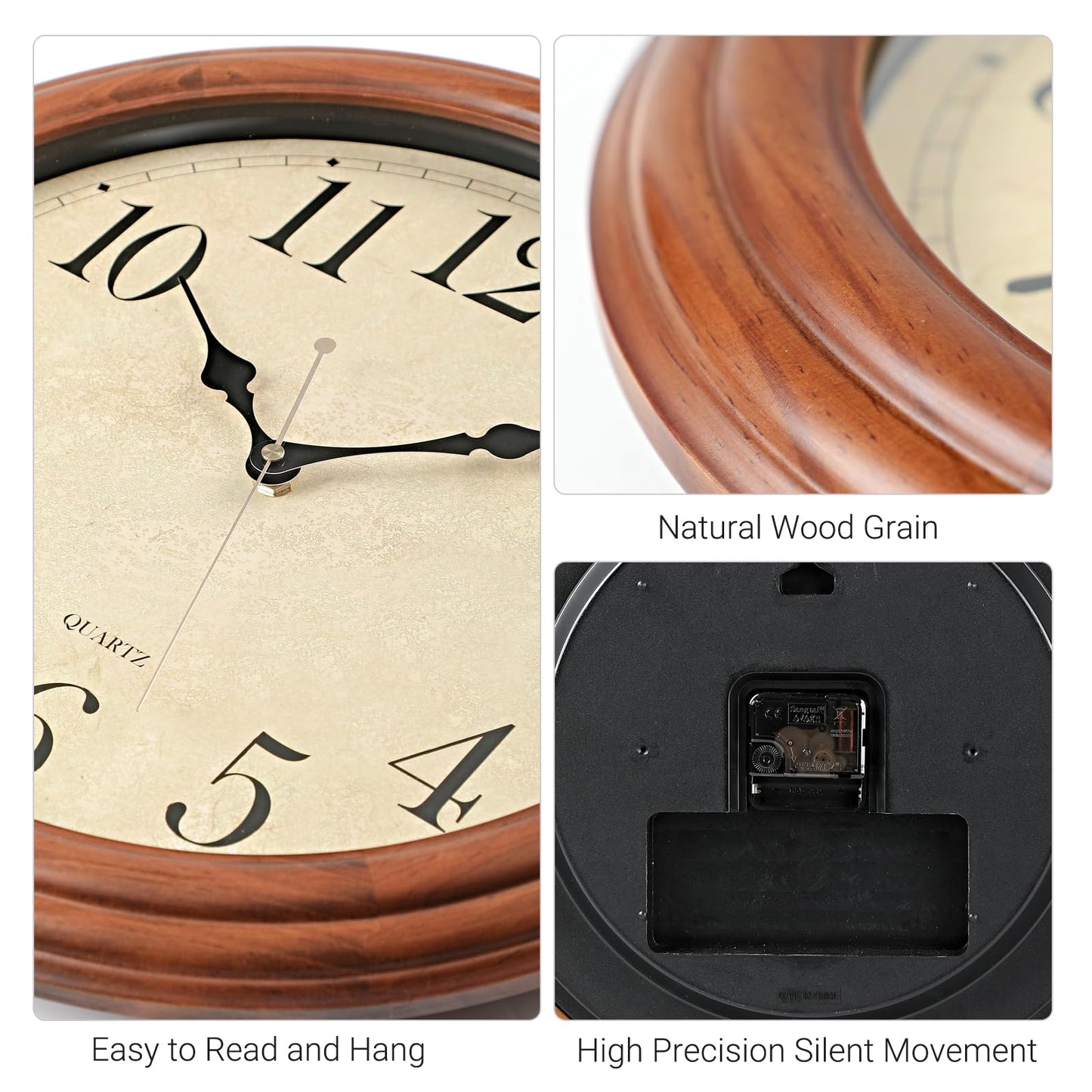 Auafanzy 16 Inches Wooden Wall Clock with Retro Design, Large Round Wood Wall Clock with Big Arabic Numerals, Battery Operated Silent Non-Ticking Brown Clock for Living Room, Kitchen, Bedroom.