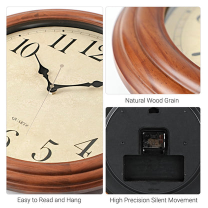 Auafanzy 16 Inches Wooden Wall Clock with Retro Design, Large Round Wood Wall Clock with Big Arabic Numerals, Battery Operated Silent Non-Ticking Brown Clock for Living Room, Kitchen, Bedroom.