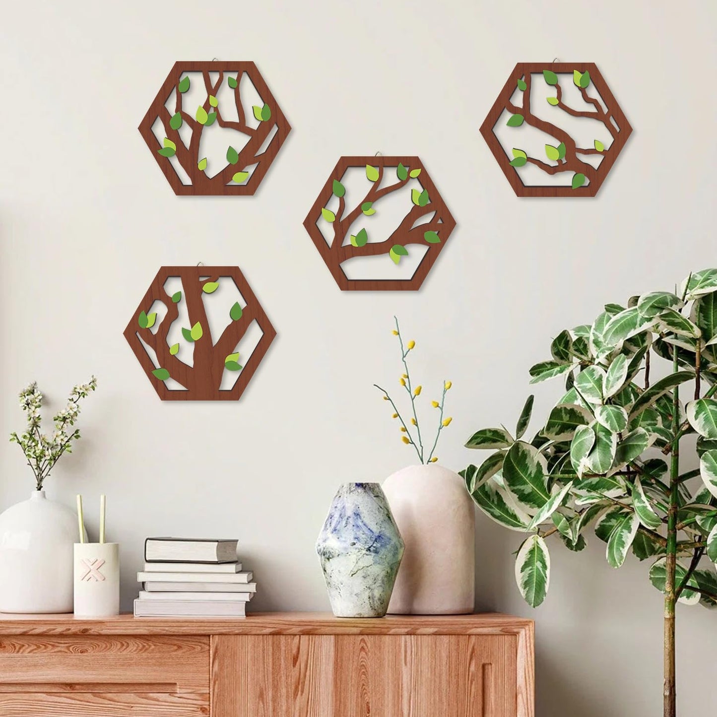 HOURIA 4 Pcs Wooden Tree of Life Wall Art, Rustic Green Leaves Hollow Brown Wall Hanging Decor for Living Room,8"*10"Abstract Modern Family Tree Wood Wall Sculpture for Farmhouse Bedroom Nursery