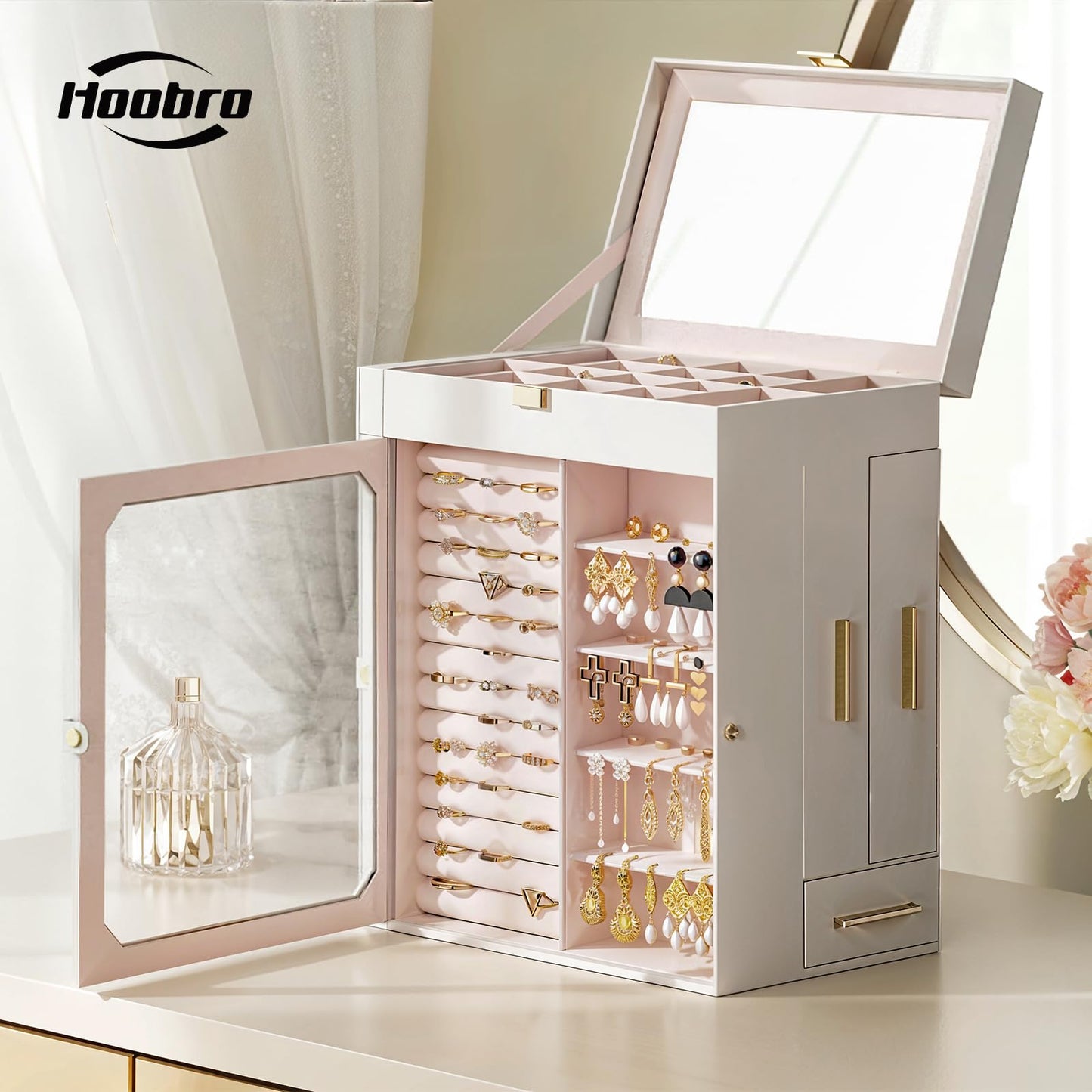HOOBRO Jewelry Box with Mirror, Travel Jewelry Organizer with Glass Window and 360° Rotating Jewelry Box, Wooden Jewelry Organizer Bundle, WT03JB04G2-BH30JB04