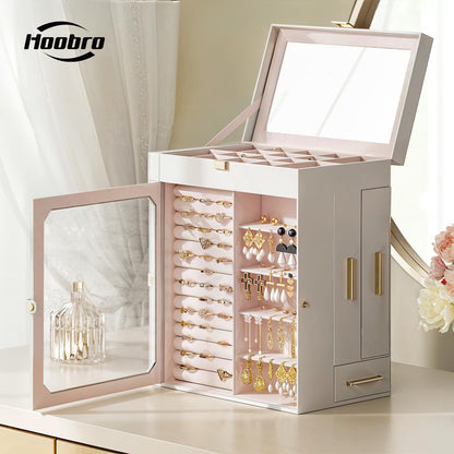 HOOBRO Jewelry Box with Mirror, Travel Jewelry Organizer with Glass Window and 360° Rotating Jewelry Box, Wooden Jewelry Organizer Bundle, WT03JB04G2-BH30JB04
