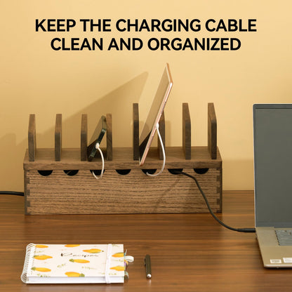 KIRIGEN Charging Station Organizer for Multiple Devices Desktop Organizer Wooden Cable Management with 7 Ports for Cell Phones, Tablets, Earphones GDXH-DBR