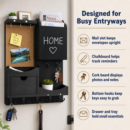 HEKOOLA Key Holder Wall Mount, Mail Organizer Key Holder for Wall with Shelf, Drawer, Chalkboard, Corkboard, Home Decor Mounted for Room Entryway (Black)