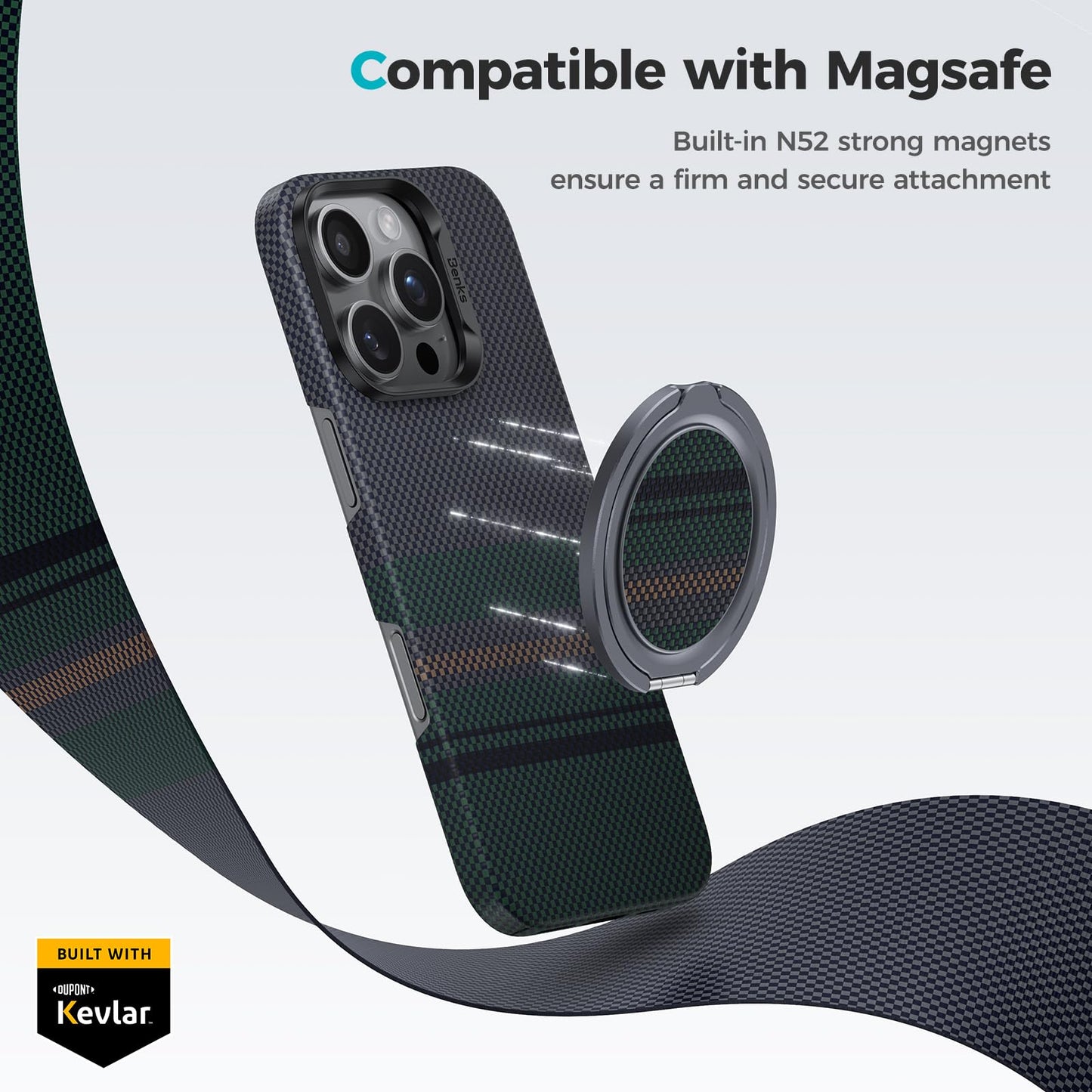 BENKS ArmorPop Magnetic Phone Grip & Stand for MagSafe, 360° Rotation Adjustable Phone Ring Holder for iPhone 17/16/15/14/13/12 Series, Durable Kevlar Design