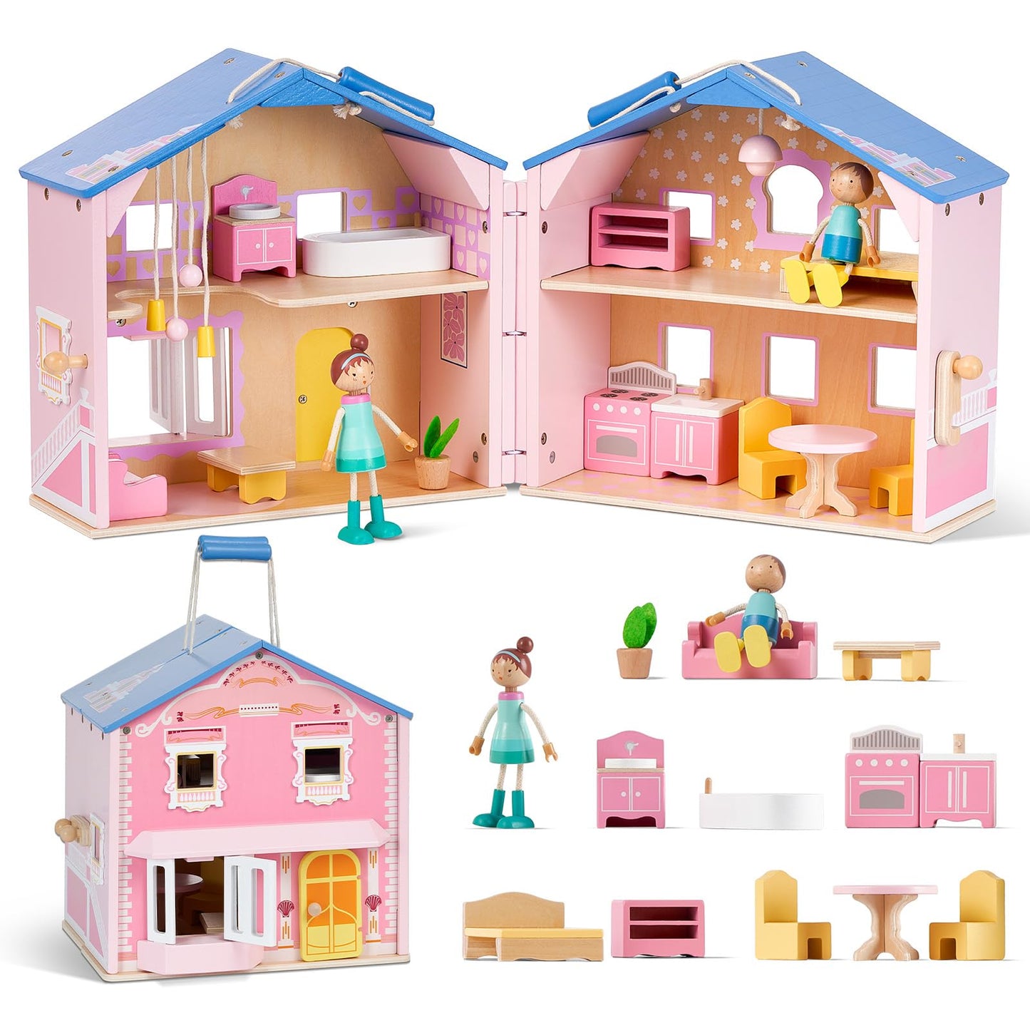Giant bean Exquisite Pink Wooden Dollhouse for Girls with 2 Dolls and 12pcs Wooden Furniture,Foldable and Portable Pretend Play House Set with Handle, Christmas Birthday Gift for Girls Kids Age 3+