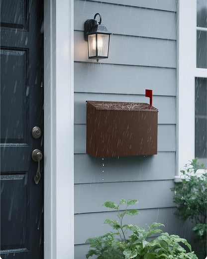 Wall-Mount Mailbox for Outside, Large Capacity Rust-Proof Mail Box with Stay-Open Lid & Red Flag Kit, Galvanized Steel Weather-Resistant Post Box for House Outside, 10.5"x4.3"x14.2", Brown