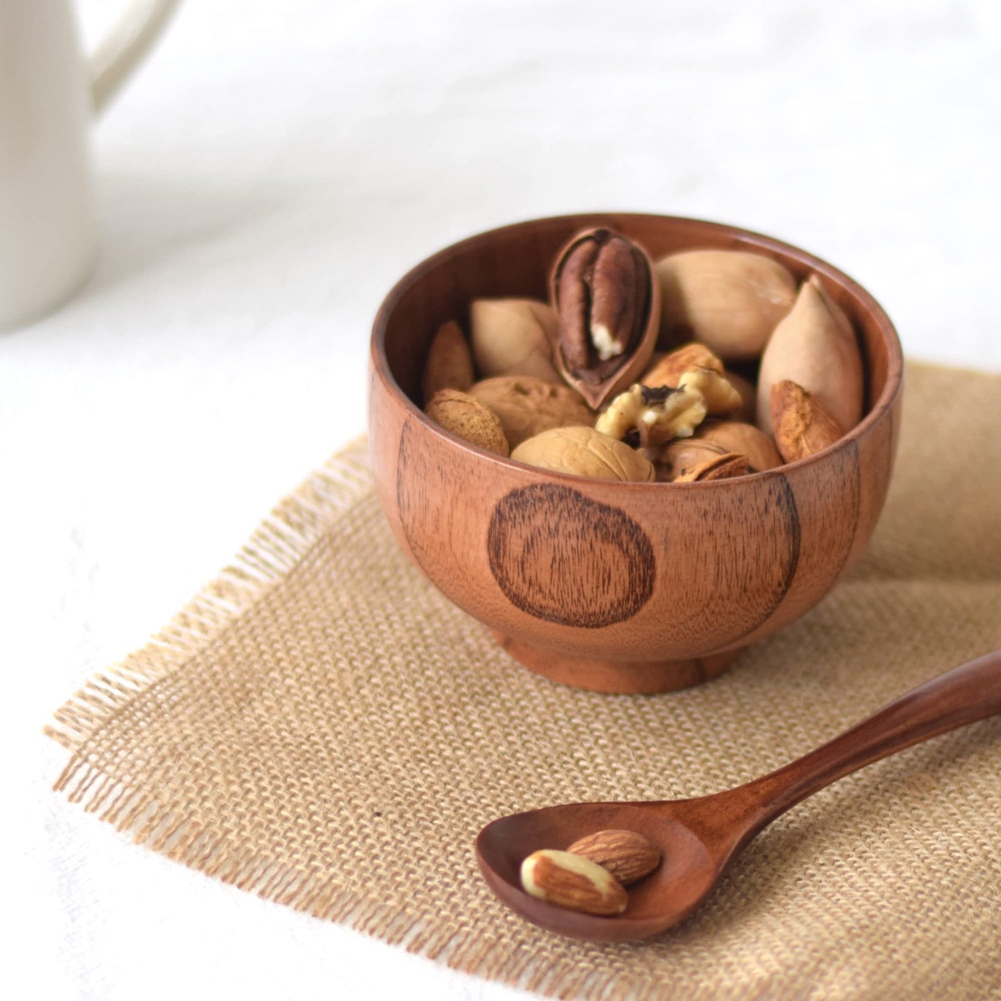 Kanhaom Small Wooden Bowls and Spoons, 10oz. Portion Control Bowls for Snack, Dessert, Japanese Serving Bowls for Rice, Soup, Solid Wood Bowls for Decor (4 Bowls - 4.1IN)