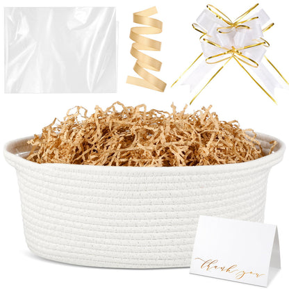 Colingmill Graduation Woven Basket with Gift Bags and 2 Ribbons, Raffia Grass Paper Shred Filler, Gift Card, Empty Small Rope Basket for Storage Presents Toy Organizer(White,14 * 10 Inch)