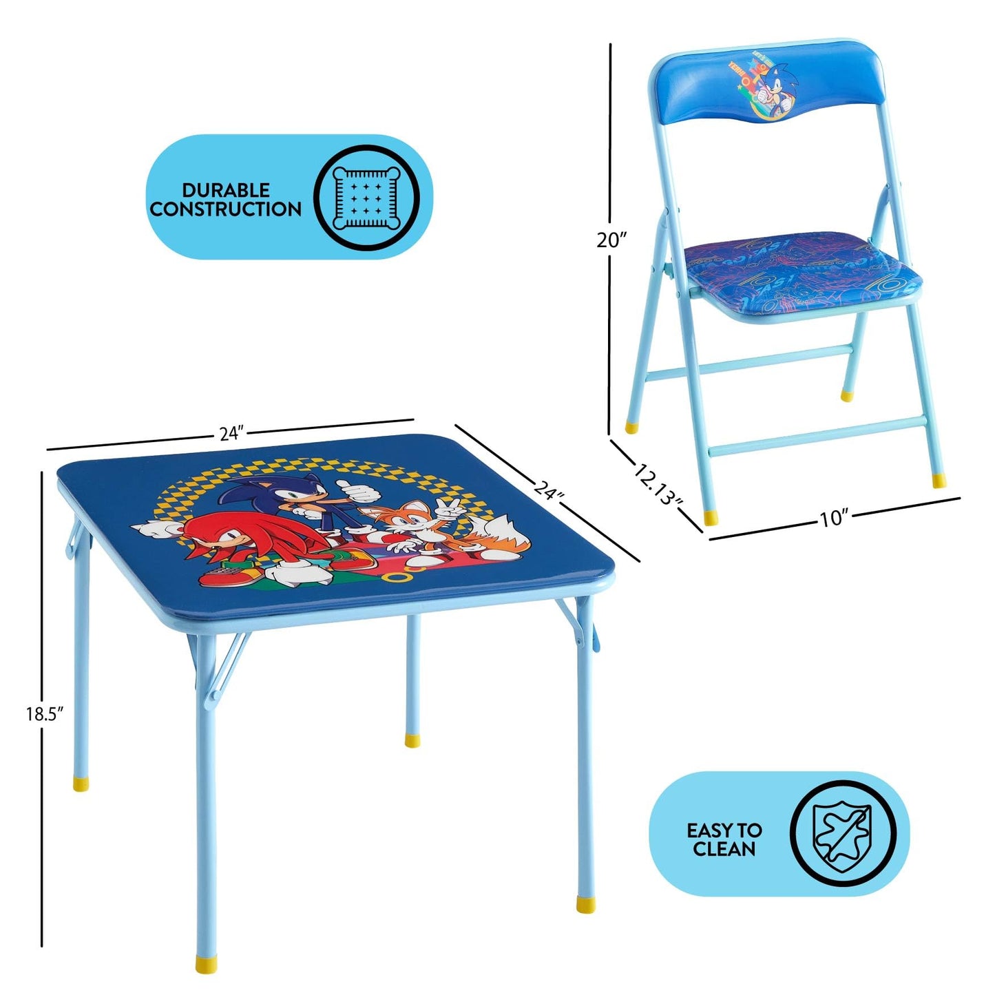Sega Sonic The Hedgehog Kids Table and Chair Set, 3-Piece Square Table with 2 Folding Chairs for Playroom & Activities