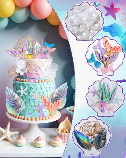 Glavatrix Mermaid Cake Toppers, 40-Piece Under the Sea Cake Decor Set, Seaweed, Bubbles, Tails, Starfish, Shells, Origami, Golden Ginkgo Leaves, for Birthday Mermaid Theme Party Supplies