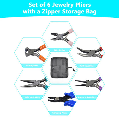 6Pcs Jewelry Pliers Making Tools Kit for Necklace, Bracelet, Earrings or Repairing, Include Wire Cutters, Nose, Crimping, Bent Nose Pliers, End Nippers for Beading Craft