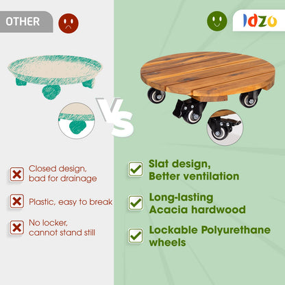 Idzo 2pack Wood Plant Caddy With Wheels Heavy Duty, 264 Lbs Capacity, 12 Inch Acacia Hardwood Plant Dolly, Plant Stand with 360° Lockable Wheels, Plant Caster for Heavy Objects Hauling - Natural Wood