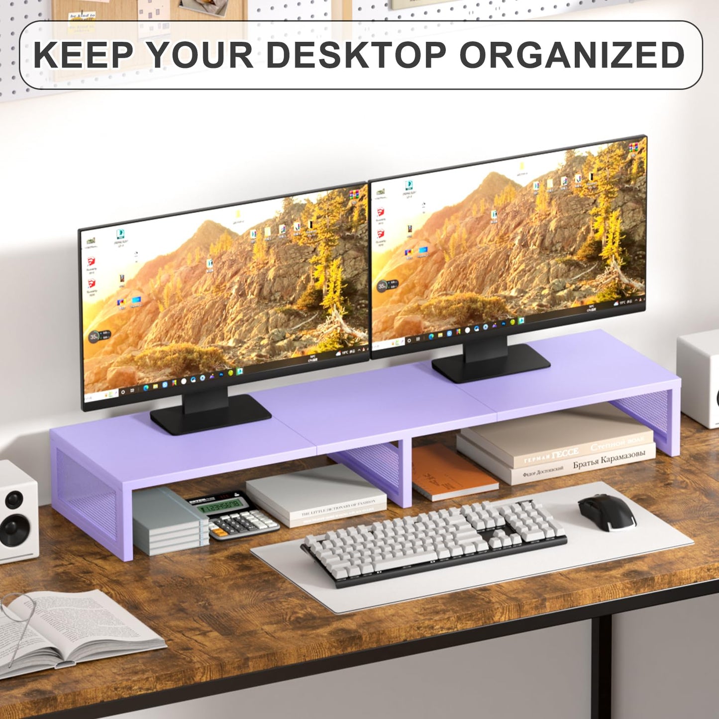 Gugsey Dual Computer Monitor Stand Riser, Desk Organizers and Accessories, Printer & TV Stand, Desk Shelf, Office Desk Accessories & Desktop Workspace Organizer for Office Supplies, Purple