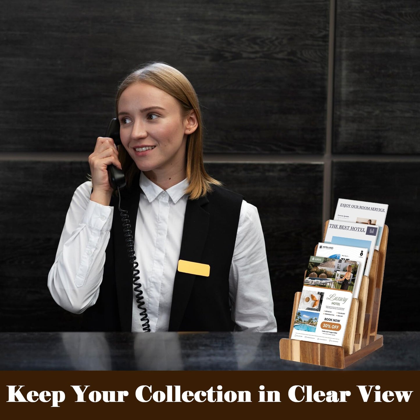 HKSZEH 4 Tier Acacia Wood Brochure Display Stand 6 x 9 inch Brochure Holder Pamphlet Display Stand for 5.5 x 8.5 inch 5 x 7 inch Booklets Menus Postcard Holder Multi Purpose Organizer