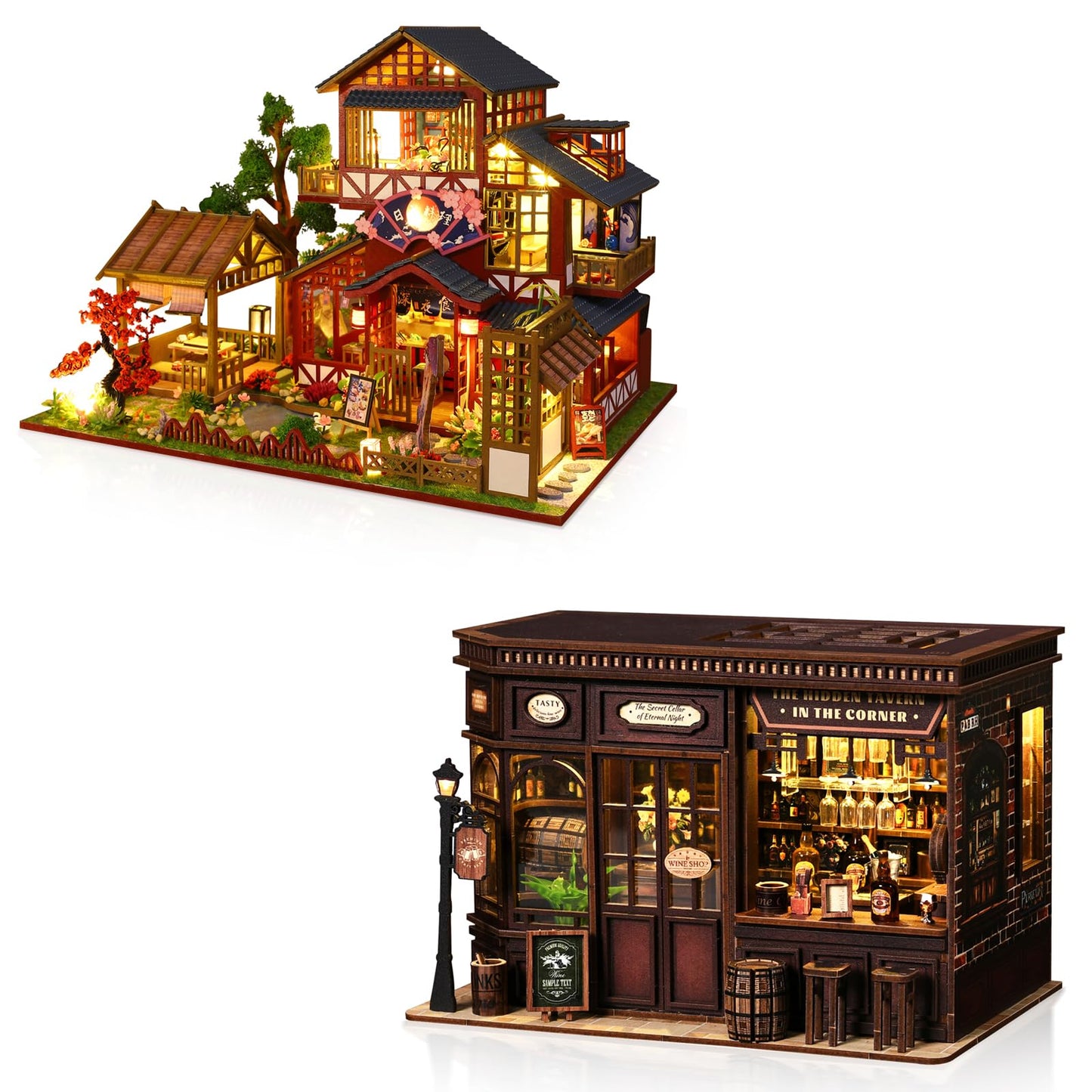 Hallisun DIY Miniature House Building Kits, Japanese Restaurant and Corner Tavern 3D Wooden Dollhouse Toys, Birthday Christmas Festival Gift for Teens Adults