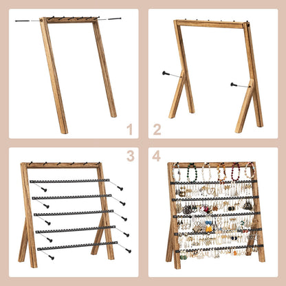 Emfogo Earring Holder Organizer, 6 Tier Earring Display Stand with 285 Holes & 6 Bracelet Rods, Rustic Wood Jewelry Organizer for Earring Bracelet Necklace Ring, Gifts for Women (Rustic)