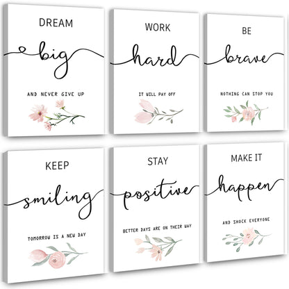 Inspirational Wall Art for Bedroom, Motivational Office Wall Art Decor, Framed Canvas Wall Art for Women, Girls, Positive Affirmations Quotes Prints, Set of 6PCS, 8"x10", FRAMED
