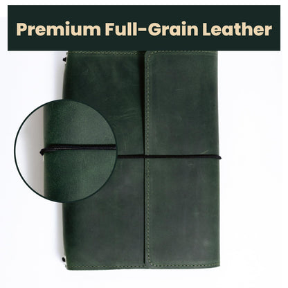 OMBUO Full-Grain Leather A5 Journal Cover – Refillable Traveler’s Notebook Case with 3 Elastic Bands, Pen Loop & Card Pockets – Fits A5/Half-Letter Inserts (Paper Not Included), Green