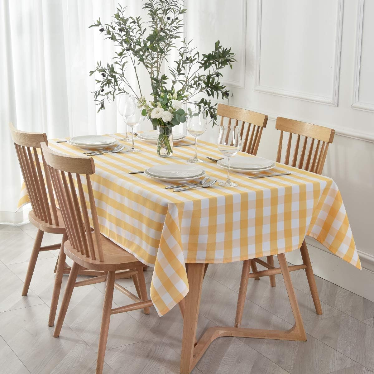 maxmill Checkered Rectangle Tablecloth Water Resistance Wrinkle Free Spillproof Heavy Weight Gingham Plaid Table Cloth for Buffet Banquet Parties Holiday Dinner, 60 x 84 Inch Yellow and White