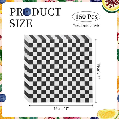uxcell 150 Pcs Wax Paper Sheets for Food, 7 x 7 Inch Greaseproof Wrapping Paper Sheets, Checkered Square Food Basket Liners for Sandwich Hamburger Bread, Black