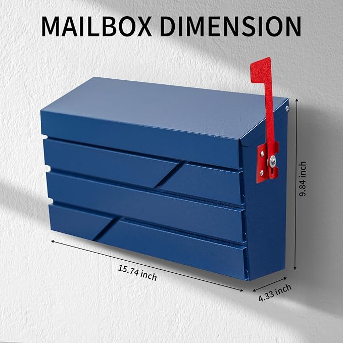 Wall Mount Mailbox for House Outside, Large Capacity Mailbox with Flag Drop Box, Galvanized Steel and Rust-Proof Metal Post Box, 15.74"x9.84"x4.33", Blue, MD065
