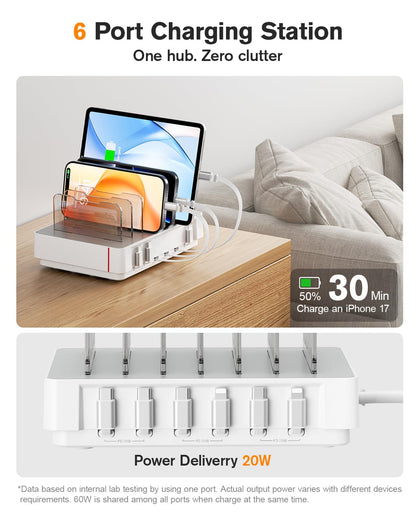 SooPii HomeHub H1 Charging Station for multiple devices,Upgraded 6-Port Desktop Fast Charger with 6 Retractable Cables（4*C+2*iP）,60W PD charger station for iPhone/Tablet,Tangle-Free Charging Organizer