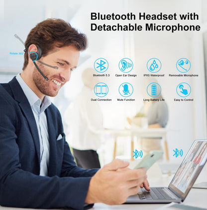 iDIGMALL Bluetooth Headset with Detachable Microphone, Multi-Point Wireless Headset w/DSP Noise Canceling Mic for Phone PC Laptop, Comfort & Light Open Ear headphones for Office Meeting Home Work, 12H
