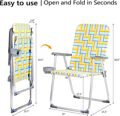 VINGLI Aluminum Patio Lawn Chairs Folding Set of 2 with Detachable Cup Holder, Webbed Beach Chair Folding Chair Outdoor Portable Camping Chair for Yard, Garden