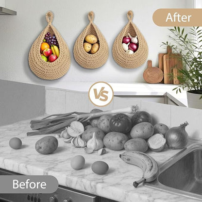 Halidali Hanging Fruit Baskets for Kitchen, 3 Pack Boho Cotton Rope Handwoven