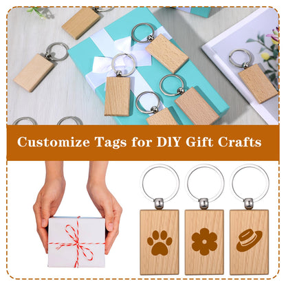 50 Pcs Wooden Keychain Blanks, Unfinished Wood Key Chains Bulk for DIY, Laser Engraving Gifts, Crafting, Gift Making, Rectangle Shape